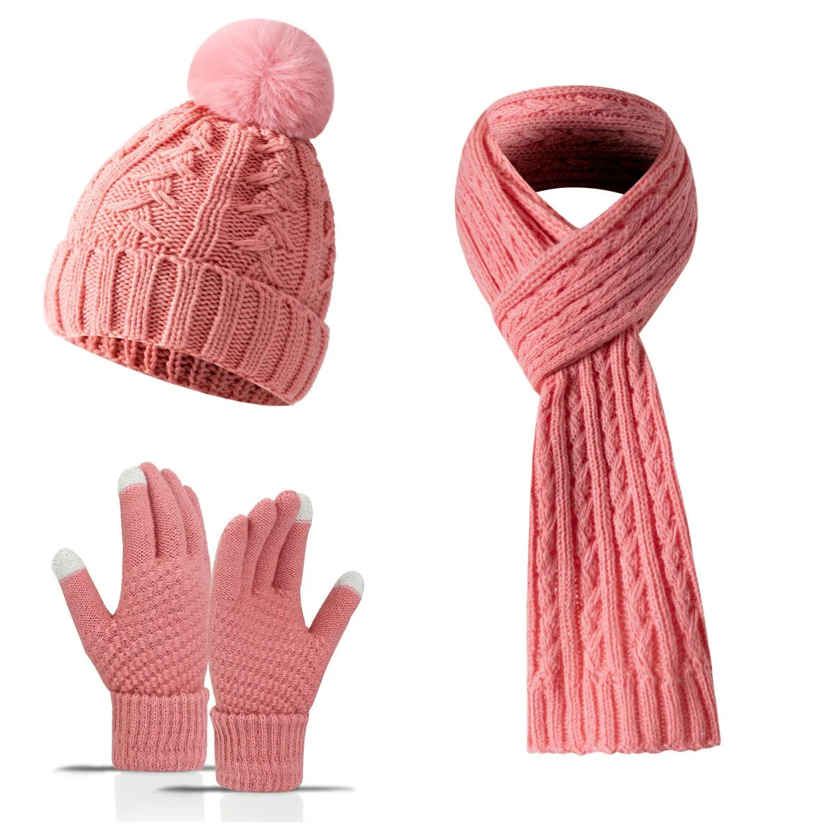 Women Winter 3Pcs Set Pom Pom Beanie Hat Scarf Touch Screen Gloves Sequin Knitted Warm Outdoor Accessories Christmas Gifts