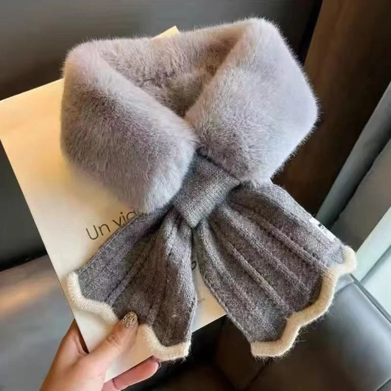 Winter Warm Cross Collar Women Scarf; Plush Thick Imitation Rabbit Fur; Windproof Neck Warmer for Outdoor Cycling