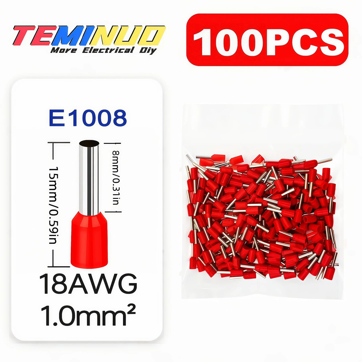 100PCS Insulated Cord End Terminals, AWG 22-6 Wire Ferrules Crimp Connectors, E7508/E1008/E1508/E2508/E4009/E6012/E10-12/E16-12