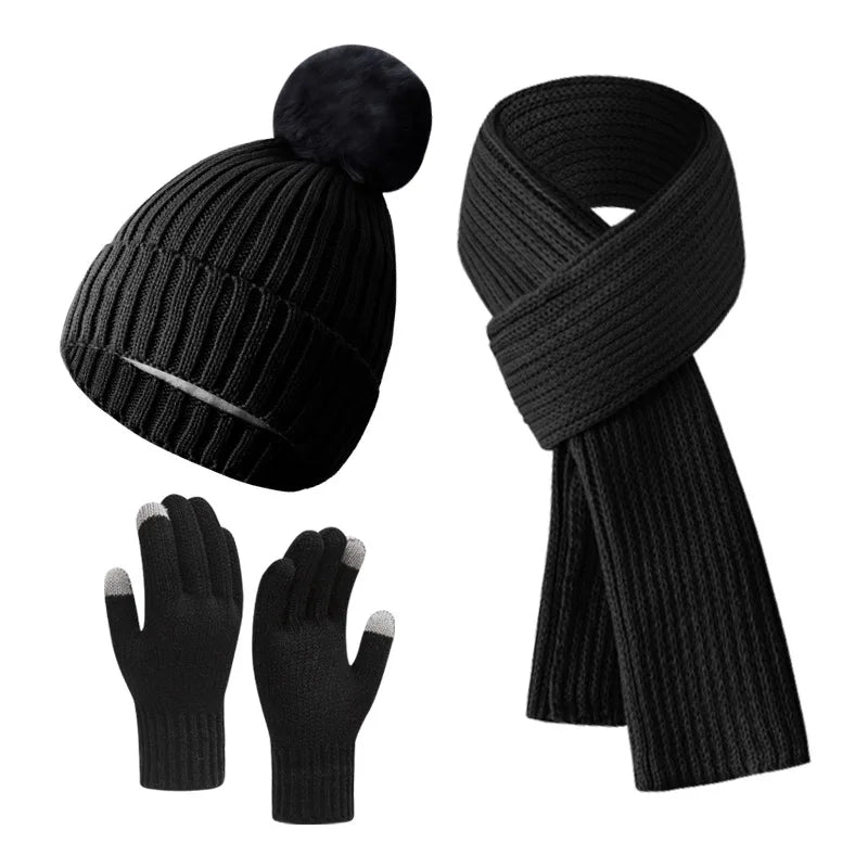 Women Winter 3Pcs Set Pom Pom Beanie Hat Scarf Touch Screen Gloves Sequin Knitted Warm Outdoor Accessories Christmas Gifts