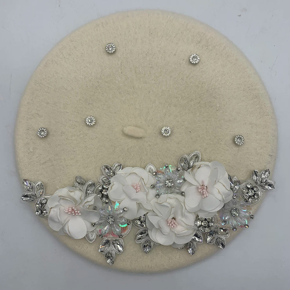 Winter Unique Designer Berets for Women Luxury Rhinestone Bouquet Turban Cap Exaggerated Painter Hat Female Winter Headpiece