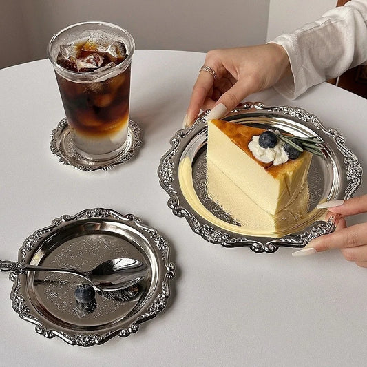 Retro Luxury Silver Plated Plates Cake Dessert Tray High Tea Snack Fruit Dish Jewelry Storage Tabletop Decor Home Hotel Supplies