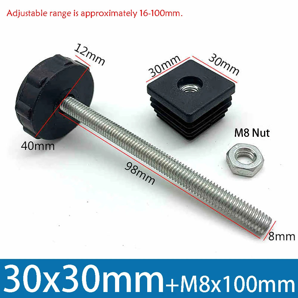 1-10Pcs Table Leg Plug With Nut and Adjustable Feet M8/M0x50/100mm Black Square/Round Furniture Rack Height Adjustable Foot Cup