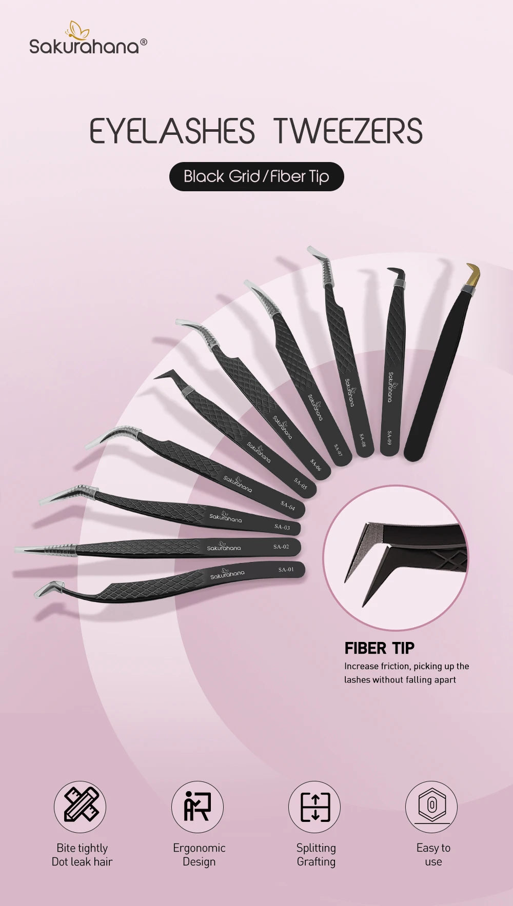 SAKURAHANA High-end Eyelash Tweezers Black Fiber Tip For Lash Extensions Mega Volume Mink Lashes Tool Straight Head Curved Tip