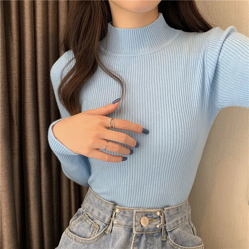 zjaiss 2026 Autumn Basic Bottoming Sweater Top Women Ribbed Soft Mock Neck Elastic Pullover Warm Solid Color Slim Jumper