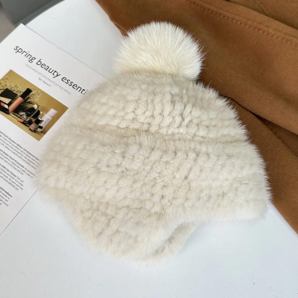 New Winter Ladies Real Mink Fur Hat Warm Thickened Ear Protection Knitted Cap Ladies Winter Fashion Accessories