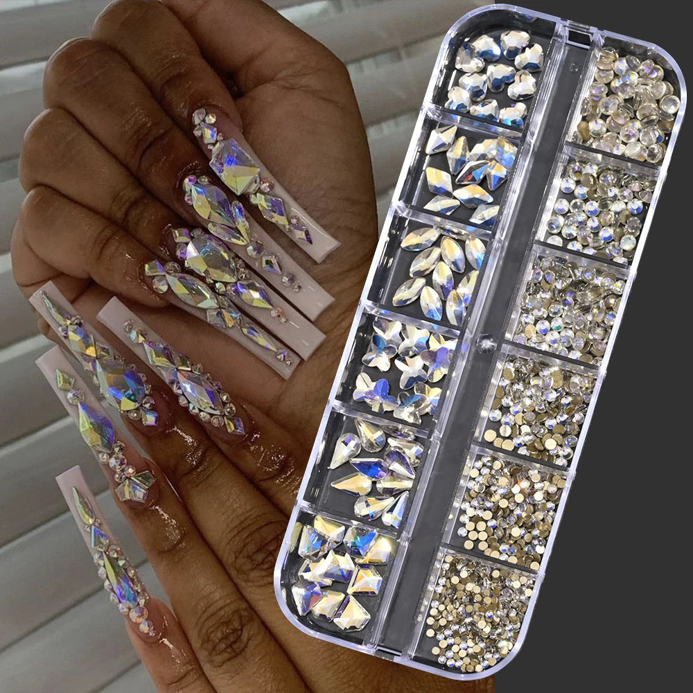 12Grids 3D Gold/Champagne Nail Art Rhinestones Mixed-Shapes Flat-Back Glass Diamonds Nails Charms Luxury DIY Manicure Decoration