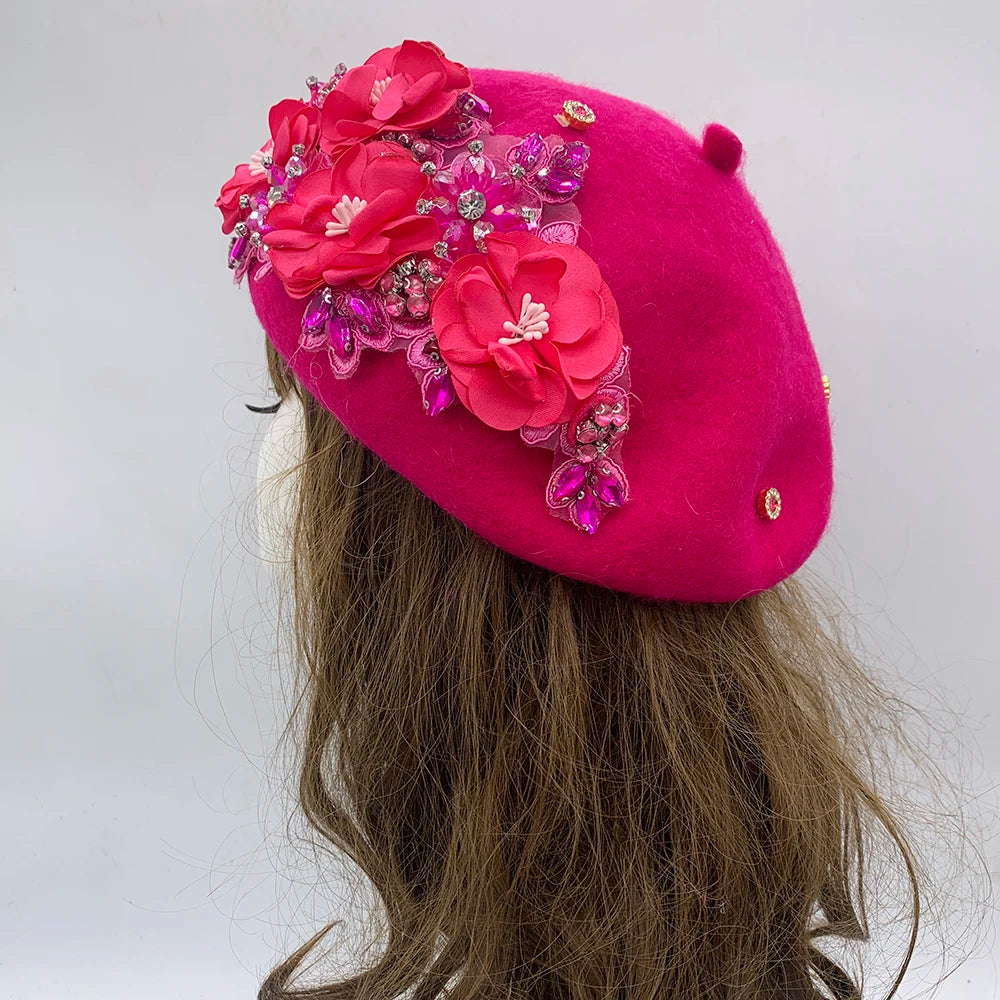 Winter Unique Designer Berets for Women Luxury Rhinestone Bouquet Turban Cap Exaggerated Painter Hat Female Winter Headpiece