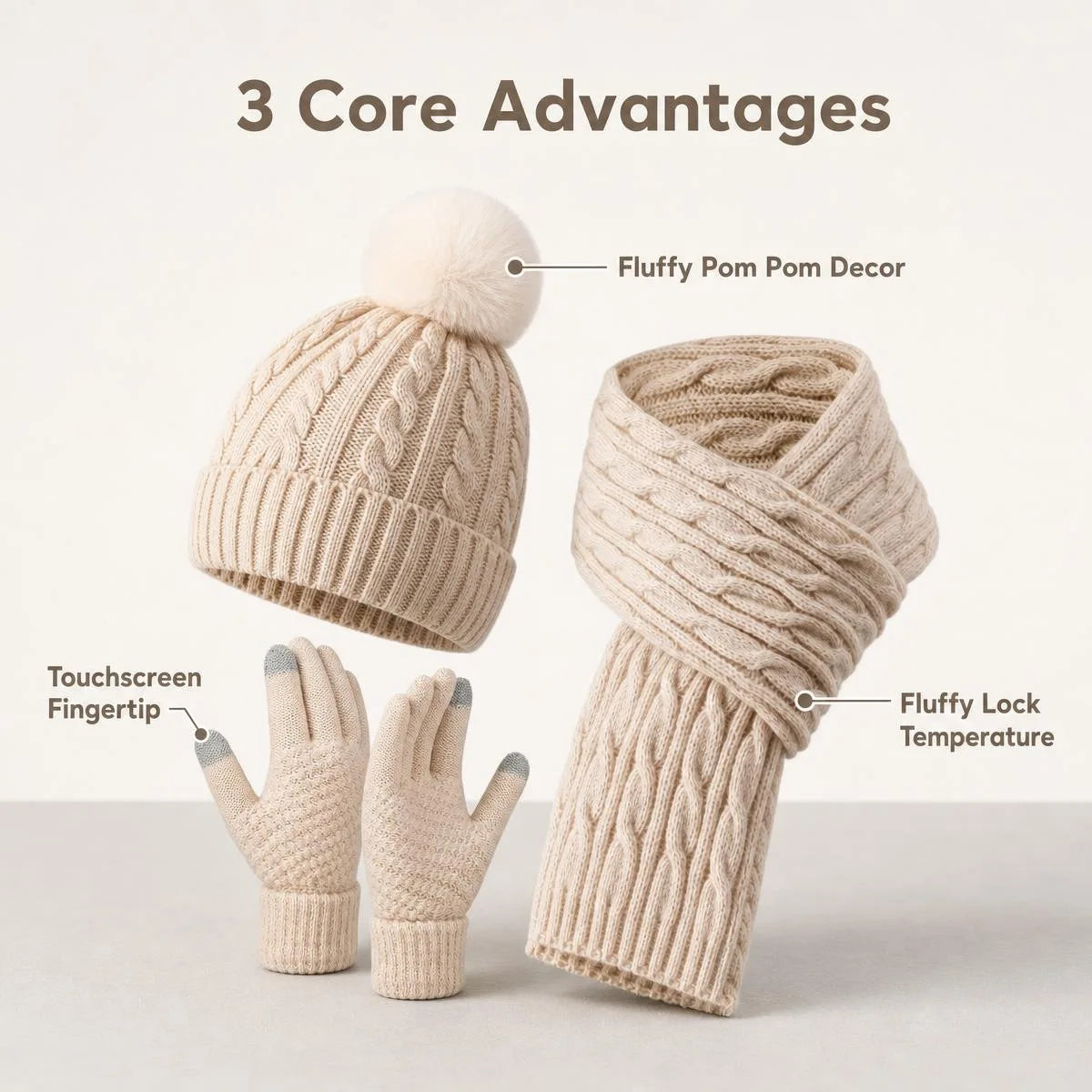 Women Winter 3Pcs Set Pom Pom Beanie Hat Scarf Touch Screen Gloves Sequin Knitted Warm Outdoor Accessories Christmas Gifts