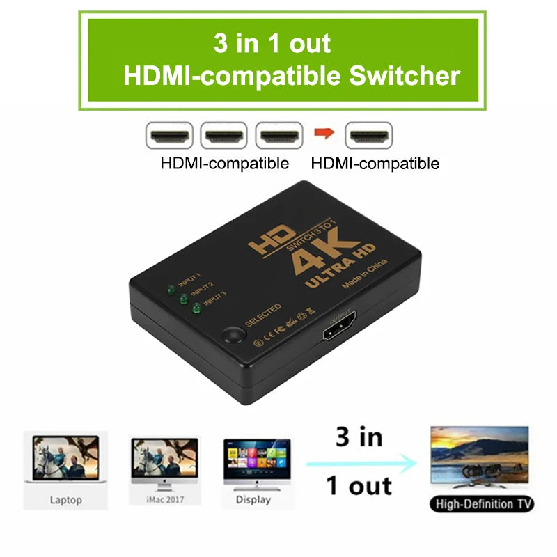 3 in 1 HDMI-compatible Switch 4K Switcher out HD 1080P Video Cable Splitter 1x3 Hub Adapter Converter for PS4/3 TV Box HDTV PC
