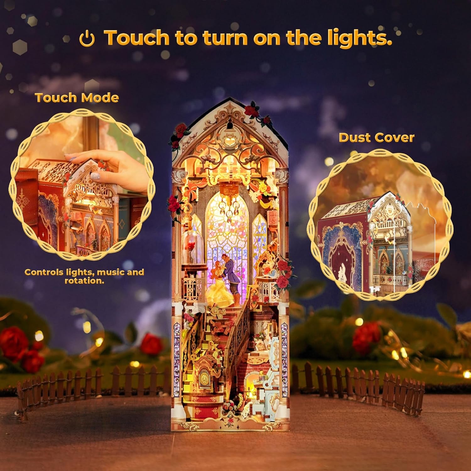 DIY Book Nook Kit for Adults, 3D Wooden Puzzle Music Booknook Miniature Dollhouse, Fairy Tale Bookend Bookshelf Decor with Dust Cover and LED Lights Gifts (Beast‌ and Beauty)