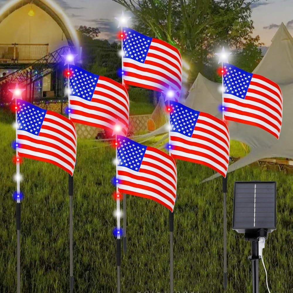 6 Flag Lights 4Th of July Decorations 8 Lighting Modes, 6-In-1 American Flag Solar Lights, Memorial Day Decorations with Red White and Blue Lights for Independence Day Path Garden Decor Yard Pathway