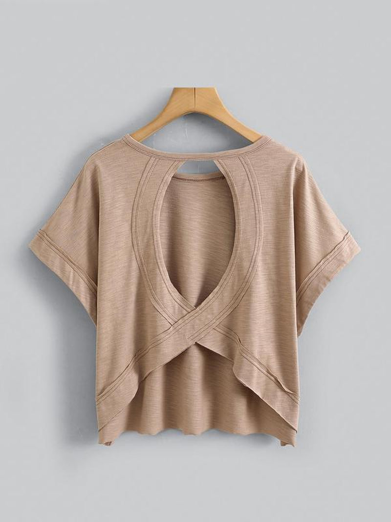 Women'S Plain Cut Out Asymmetrical Hem Batwing Sleeve Tee, Casual Short Sleeve round Neck T-Shirt for Summer, Ladies Clothes for Daily Wear, Tops, Womenswear