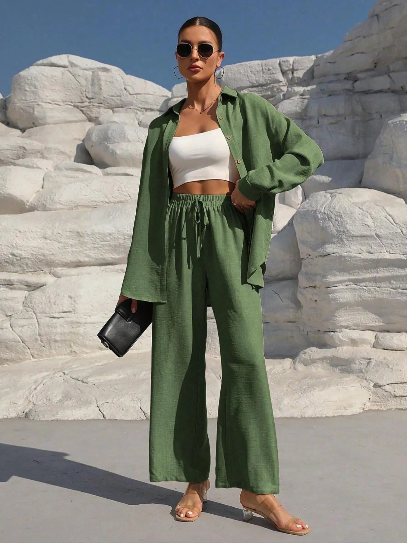 Women'S Solid Collared Button Front Shirt & Tie Front Wide Leg Pants Two-Piece Set, Casual Drop Shoulder Long Sleeve Fitted Top & High Waist Trousers for Spring & Fall, Linen Set, Loose Pant Sets, Casual Matching Sets, Womenswear