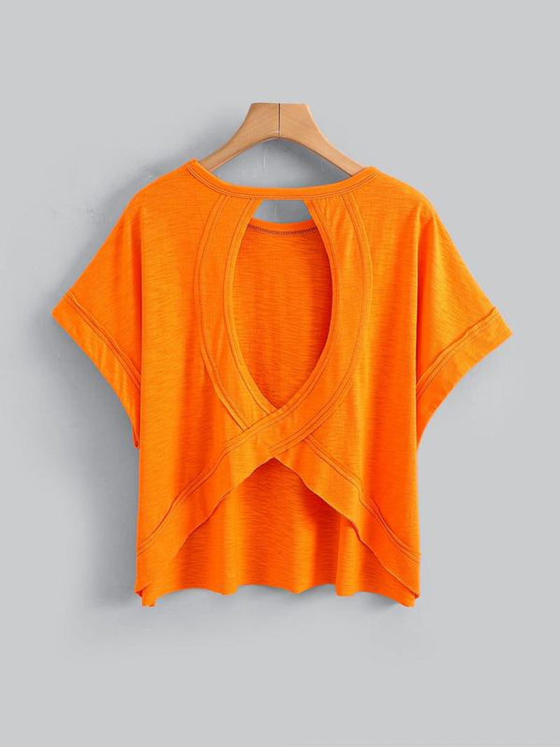 Women'S Plain Cut Out Asymmetrical Hem Batwing Sleeve Tee, Casual Short Sleeve round Neck T-Shirt for Summer, Ladies Clothes for Daily Wear, Tops, Womenswear