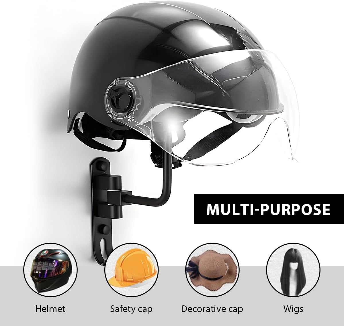 Helmet Hanger Wall Mount, 180° Rotation Multifunctional Motorcycle Helmets Rack with 2 Hooks, Motorcycle Gear Jacket Storage Holder Hanger for Bike Coats Caps Outerwear