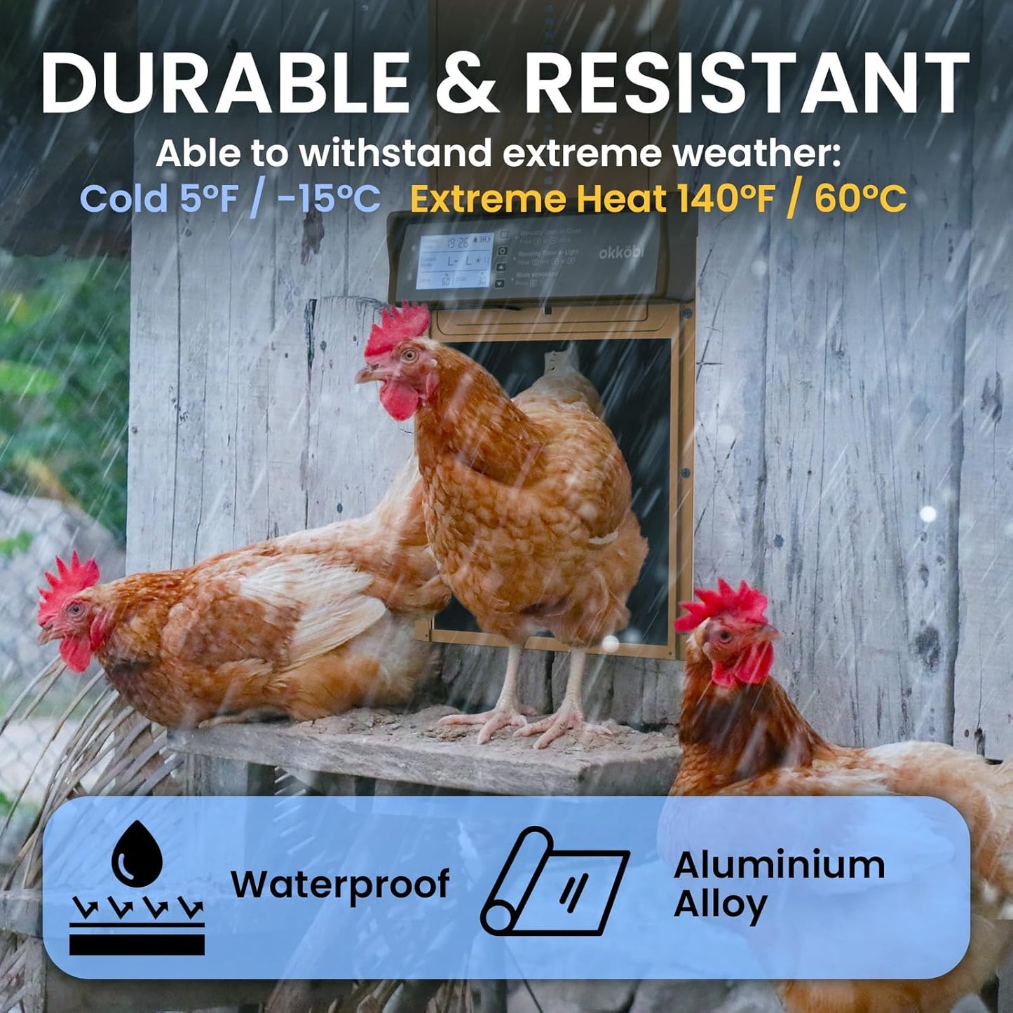 Okkobi Automatic Chicken Coop Door Solar Powered - Poultry Coop Door with Remote Control, Timer & Light Sensor - LCD Display - Anti-Pinch Function - 5-Year Protection - Brown