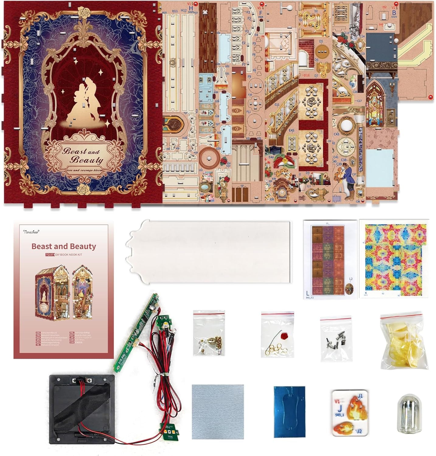 DIY Book Nook Kit for Adults, 3D Wooden Puzzle Music Booknook Miniature Dollhouse, Fairy Tale Bookend Bookshelf Decor with Dust Cover and LED Lights Gifts (Beast‌ and Beauty)