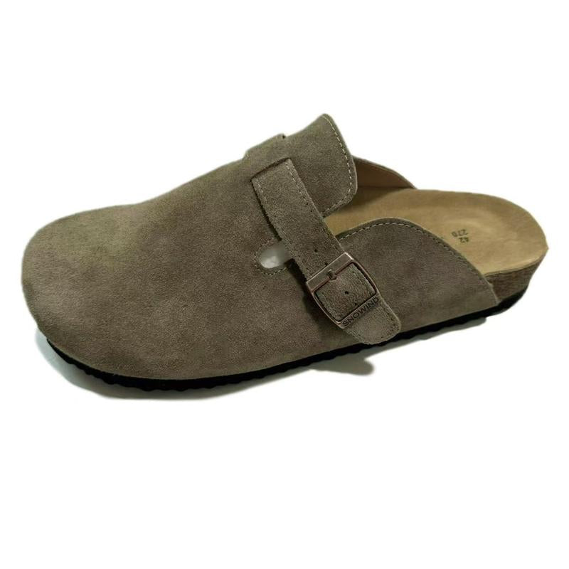Snowind Women Men round Toe Cork Footbed Clogs with Adjustable Flat Buckle, Suede Texture, and Casual Outdoor Slip-On Design