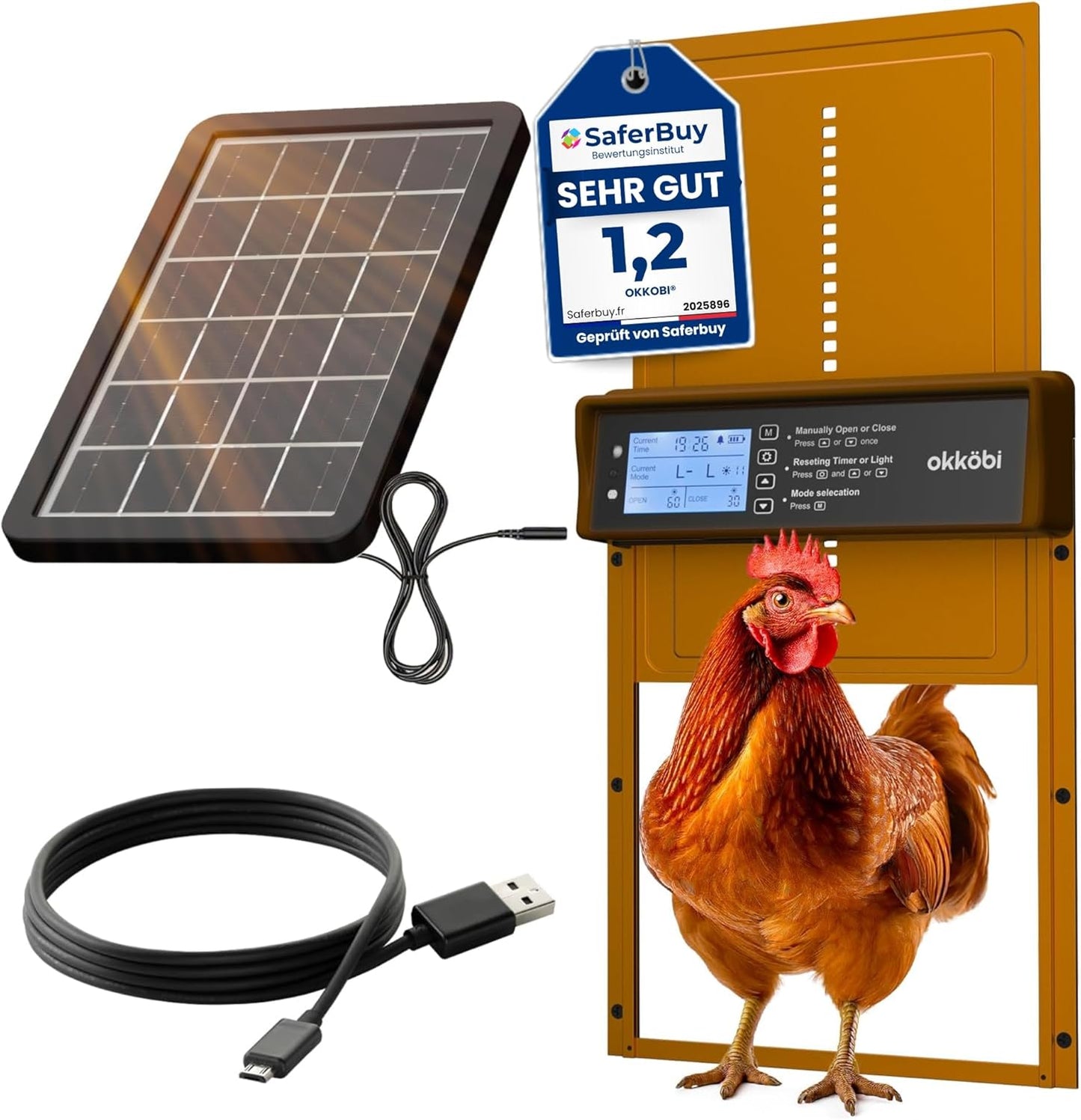 Okkobi Automatic Chicken Coop Door Solar Powered - Poultry Coop Door with Remote Control, Timer & Light Sensor - LCD Display - Anti-Pinch Function - 5-Year Protection - Brown