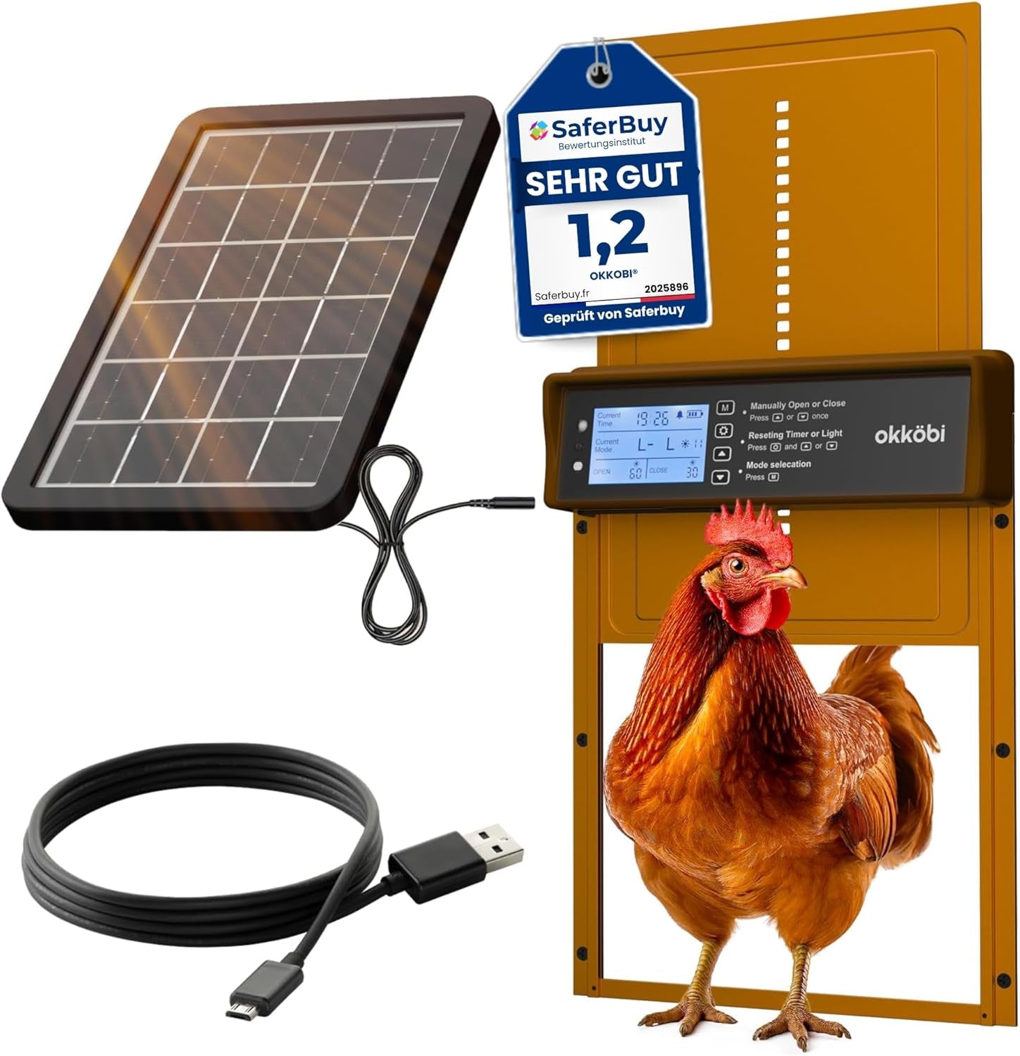 Okkobi Automatic Chicken Coop Door Solar Powered - Poultry Coop Door with Remote Control, Timer & Light Sensor - LCD Display - Anti-Pinch Function - 5-Year Protection - Brown