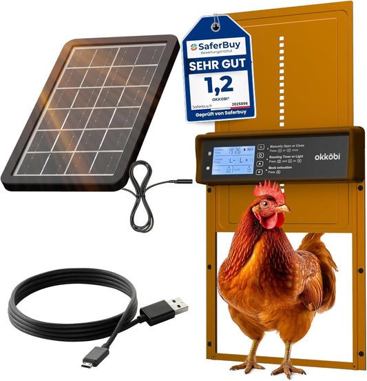 Okkobi Automatic Chicken Coop Door Solar Powered - Poultry Coop Door with Remote Control, Timer & Light Sensor - LCD Display - Anti-Pinch Function - 5-Year Protection - Brown