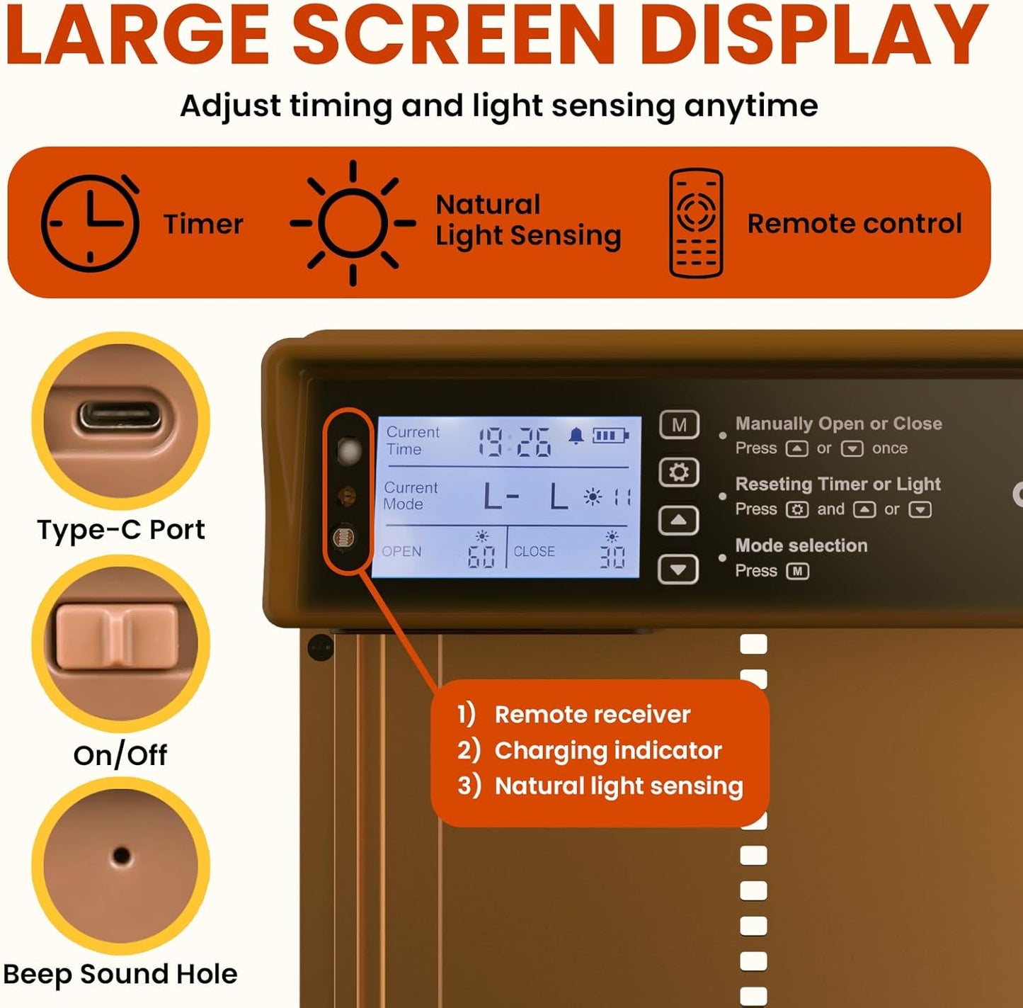 Okkobi Automatic Chicken Coop Door Solar Powered - Poultry Coop Door with Remote Control, Timer & Light Sensor - LCD Display - Anti-Pinch Function - 5-Year Protection - Brown