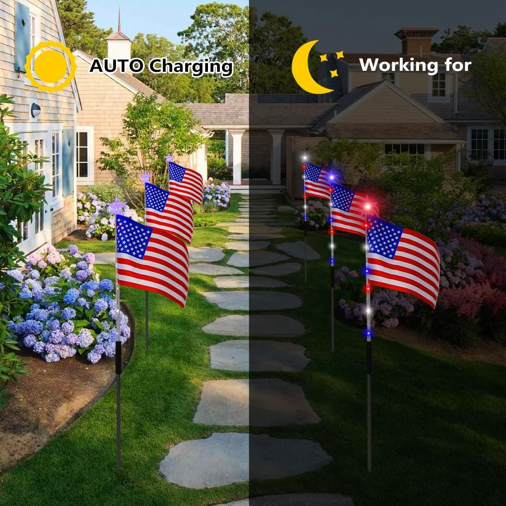 6 Flag Lights 4Th of July Decorations 8 Lighting Modes, 6-In-1 American Flag Solar Lights, Memorial Day Decorations with Red White and Blue Lights for Independence Day Path Garden Decor Yard Pathway