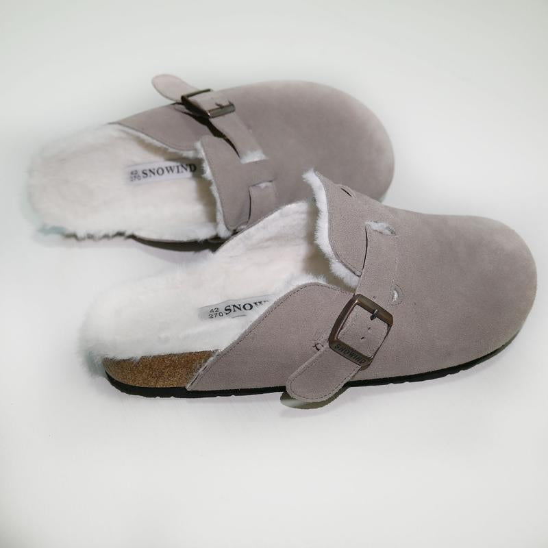 Snowind Women Men round Toe Cork Footbed Clogs with Adjustable Flat Buckle, Suede Texture, and Casual Outdoor Slip-On Design